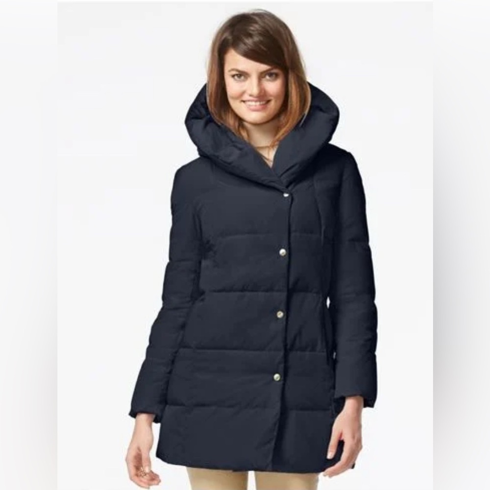 EUC Cole Haan down filled black high neck hooded collar zip & snap front close